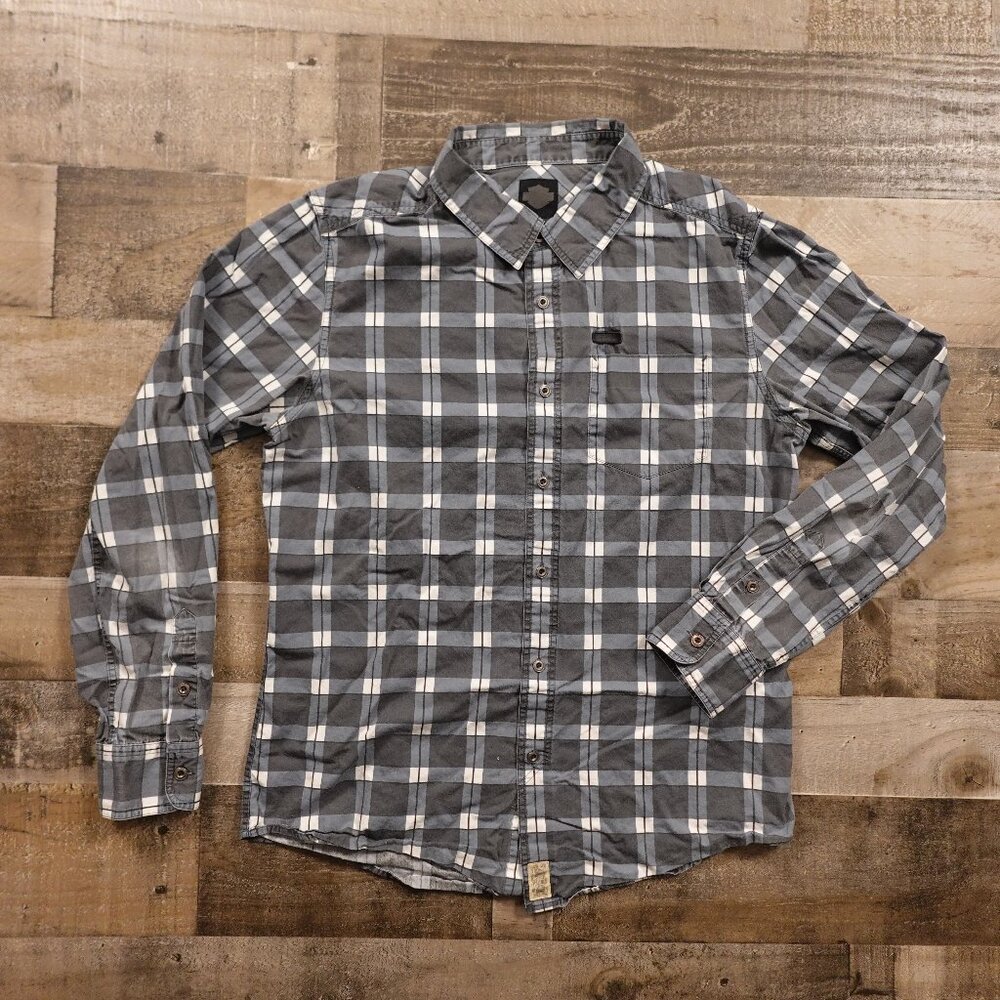 Harley-Davidson Plaid Button Down Shirt Men’s Medium Gray Biker Casual
